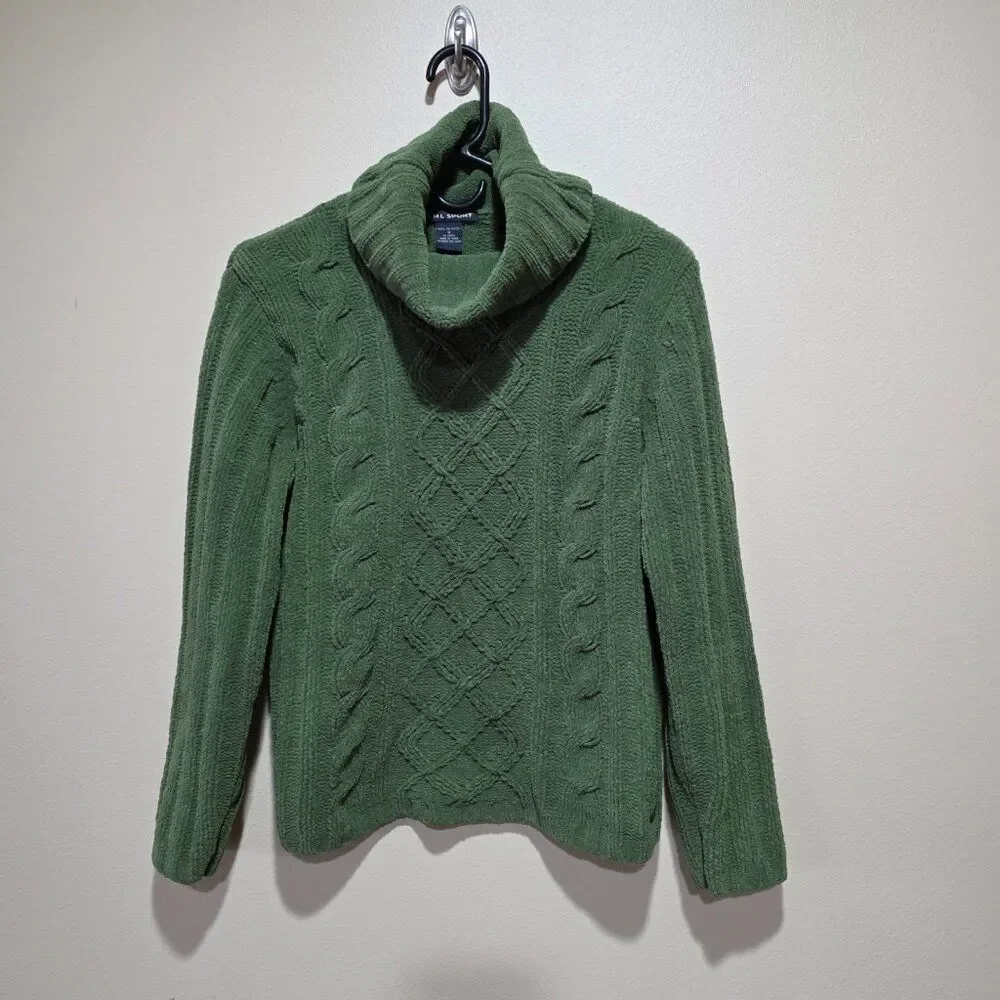 SML Sport Green Cable Knit Cowl Neck Chunky Sweater Women's M Cottagecore Cozy